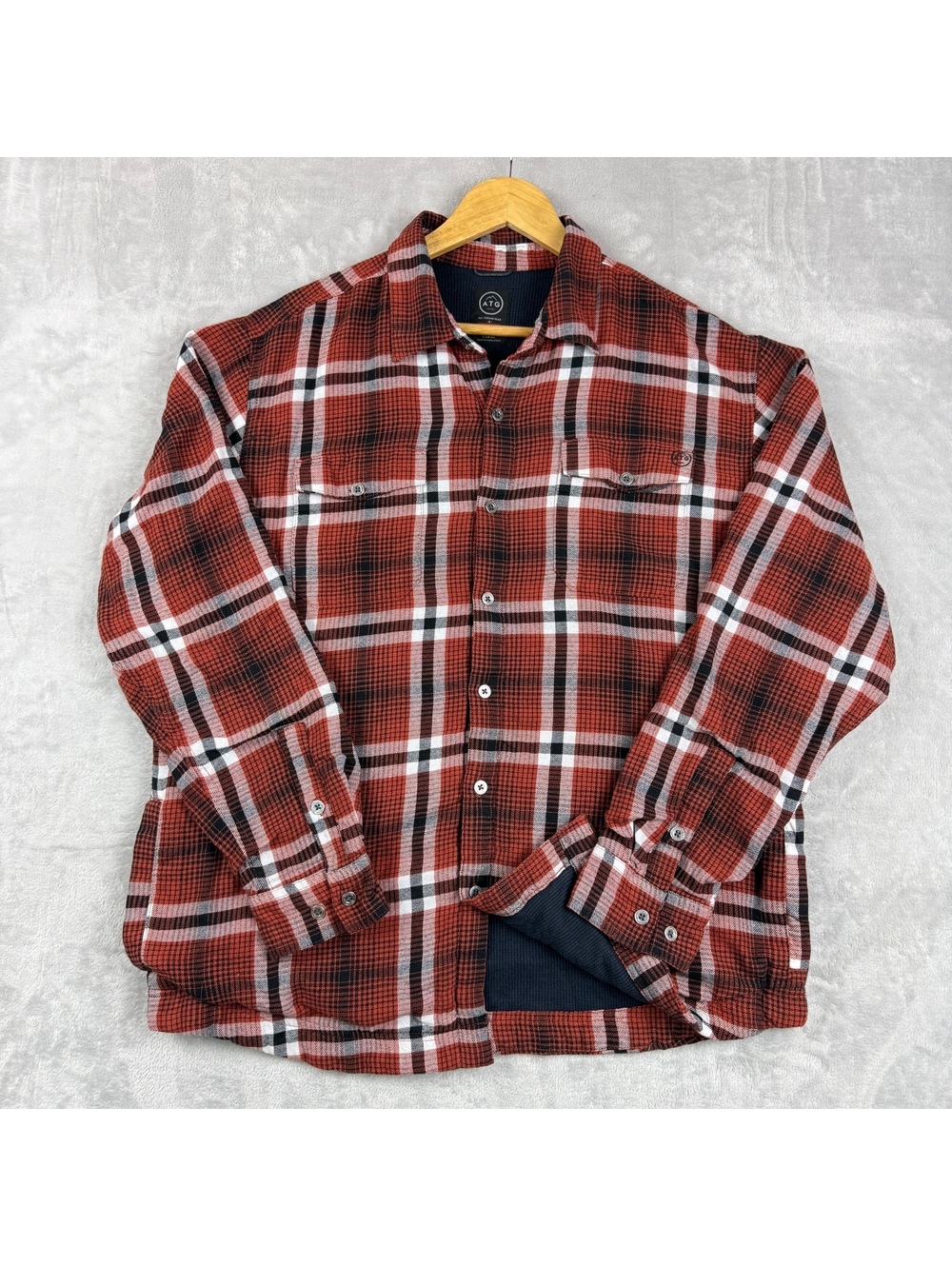 Wrangler ATG Men Large Plaid Flannel Shirt Jacket Thermal Lined Red Black Cabin
